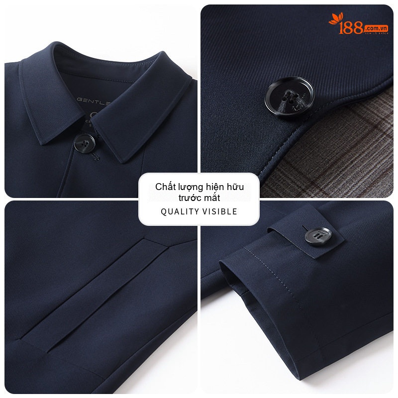Áo Khoác Gió Nam Dáng Dài Vừa Cổ Bẻ Kiểu Áo Vest Không Nhăn Màu Xanh Navy, Xám