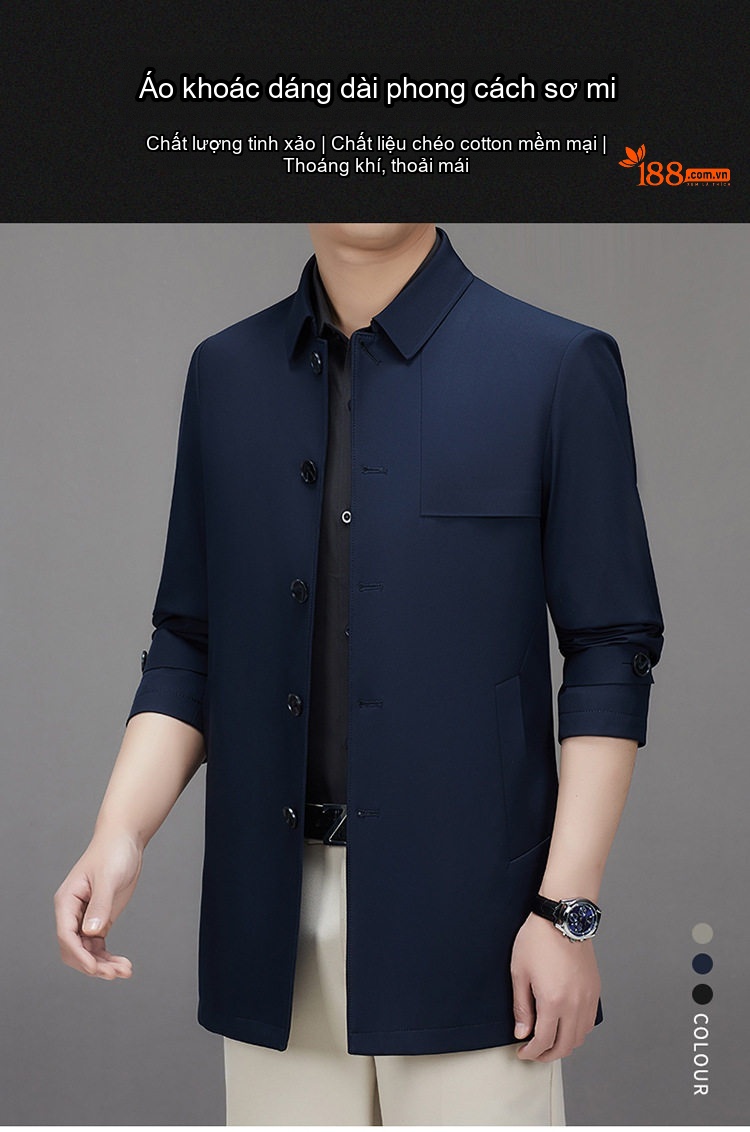 Áo Khoác Gió Nam Dáng Dài Vừa Cổ Bẻ Kiểu Áo Vest Không Nhăn Màu Xanh Navy, Xám chi tiết 1