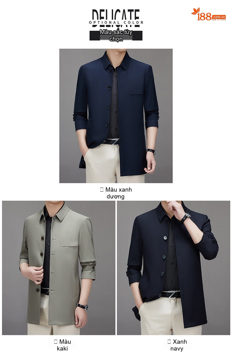 Áo Khoác Gió Nam Dáng Dài Vừa Cổ Bẻ Kiểu Áo Vest Không Nhăn Màu Xanh Navy, Xám chi tiết 6