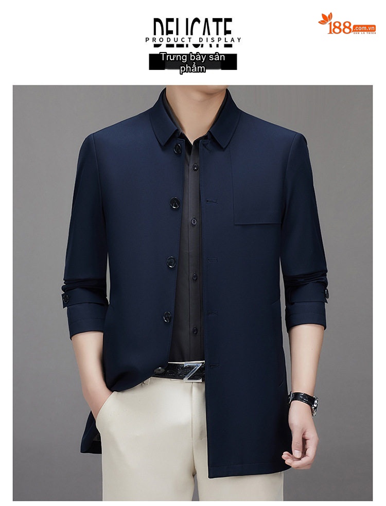 Áo Khoác Gió Nam Dáng Dài Vừa Cổ Bẻ Kiểu Áo Vest Không Nhăn Màu Xanh Navy, Xám chi tiết 7