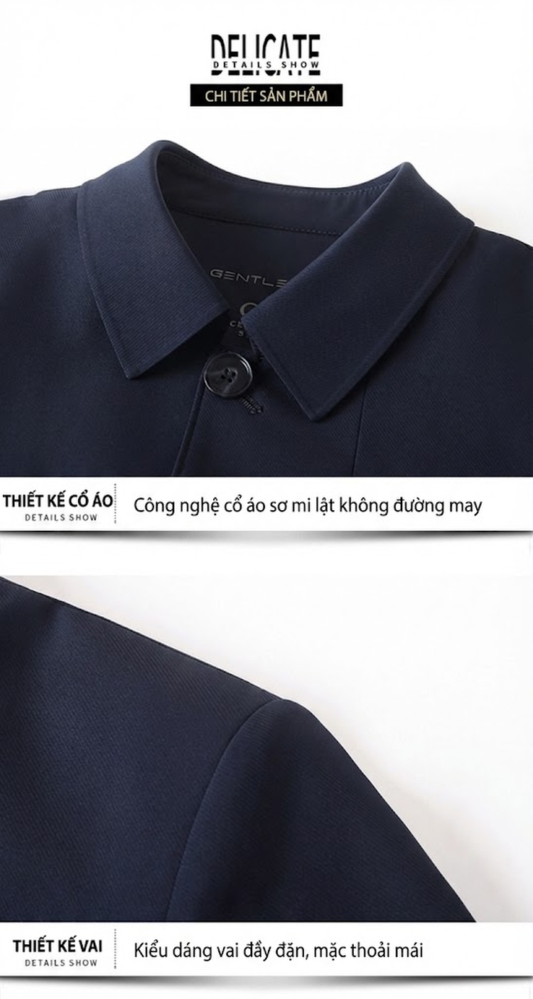 Áo Khoác Gió Nam Dáng Dài Vừa Cổ Bẻ Kiểu Áo Vest Không Nhăn Màu Xanh Navy, Xám chi tiết 21