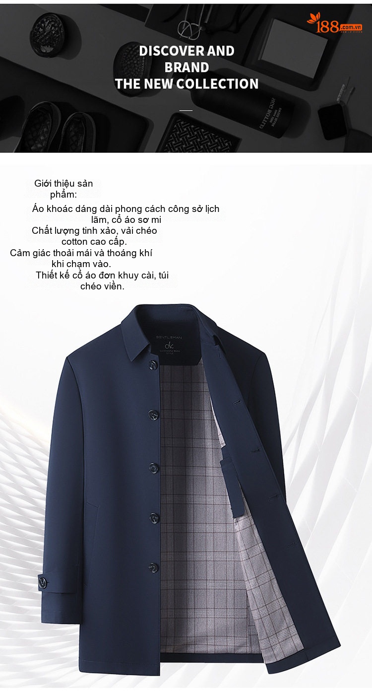 Áo Khoác Gió Nam Dáng Dài Vừa Cổ Bẻ Kiểu Áo Vest Không Nhăn Màu Xanh Navy, Xám chi tiết 2