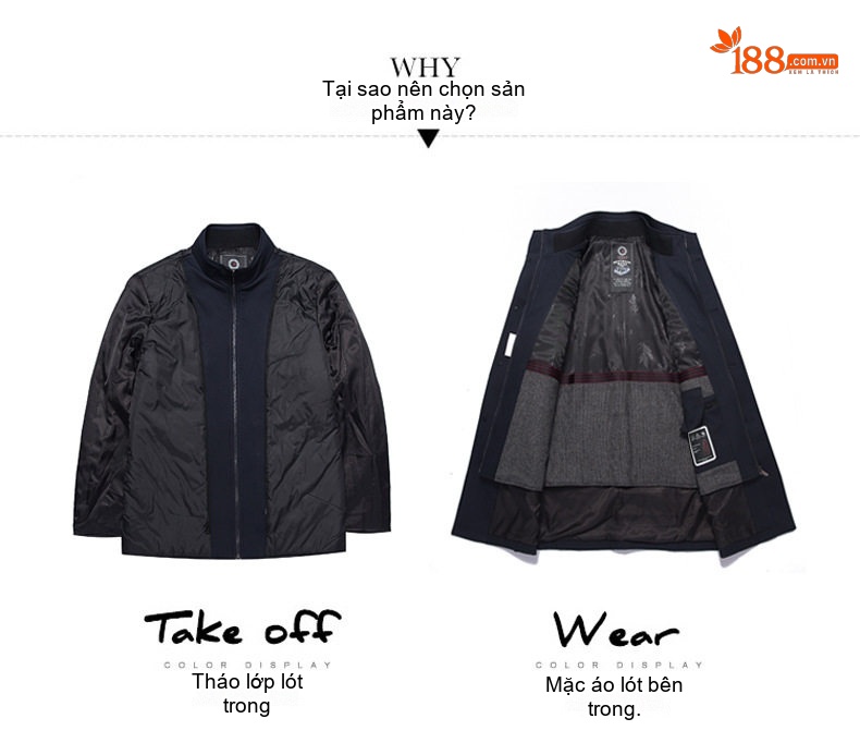 Áo Khoác Gió Nam Dáng Dài Vừa Có Lớp Lót Lông Cừu Tháo Rời Màu Xanh Navy, Be chi tiết 9