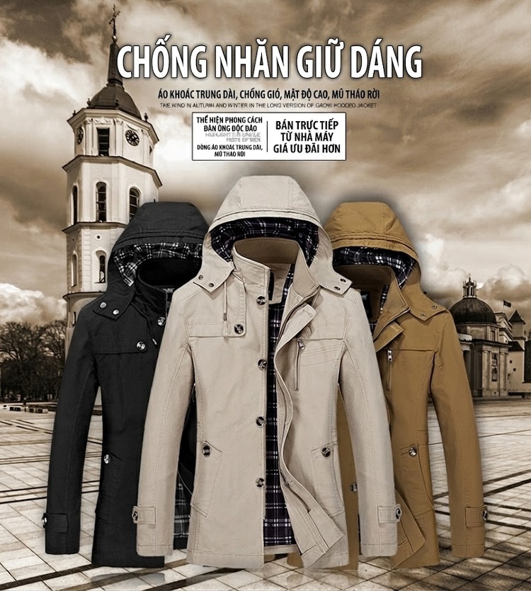 Áo Khoác Gió Nam Dáng Dài Vừa Có Mũ Trùm Đầu Phong Cách Hàn Quốc Màu Be, Nâu, Đen chi tiết 1