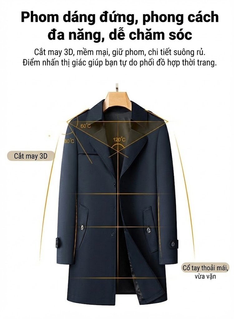 Áo Khoác Gió Nam Dáng Dài Vừa Vặn Cổ Bẻ Một Hàng Nút Màu Đen, Xanh Navy chi tiết 5