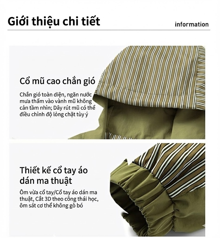 Áo Khoác Gió Nam Dáng Suông Có Mũ Trùm Đầu Họa Tiết Sọc Màu Xanh Olive, Trắng chi tiết 7