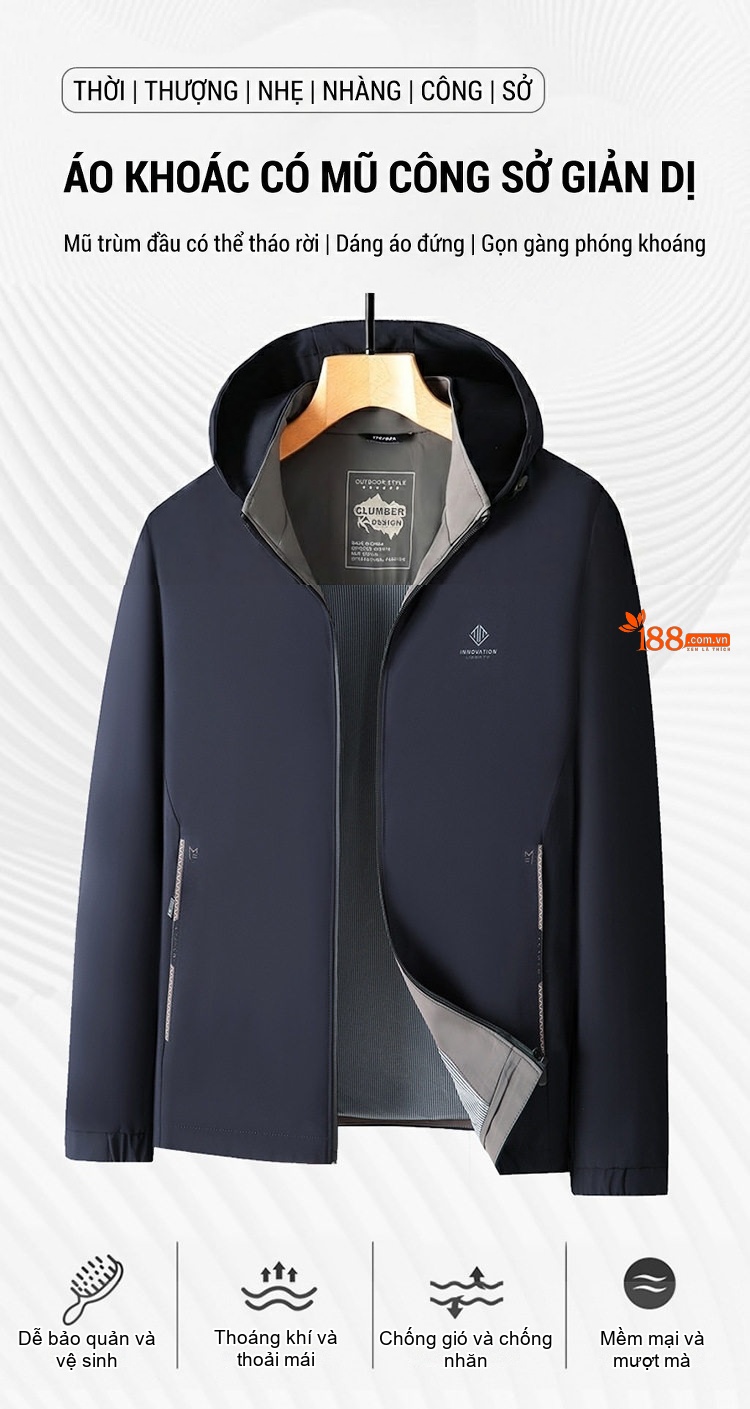 Áo Khoác Gió Nam Mỏng Có Mũ Trùm Đầu Phong Cách Casual Màu Đen, Xám, Xanh Navy chi tiết 1