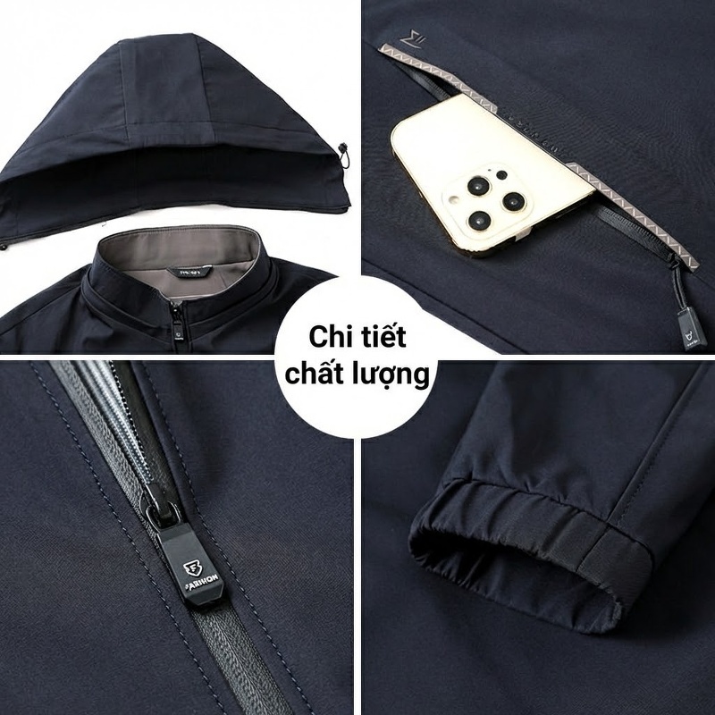 Áo Khoác Gió Nam Mỏng Có Mũ Trùm Đầu Phong Cách Casual Màu Đen, Xám, Xanh Navy