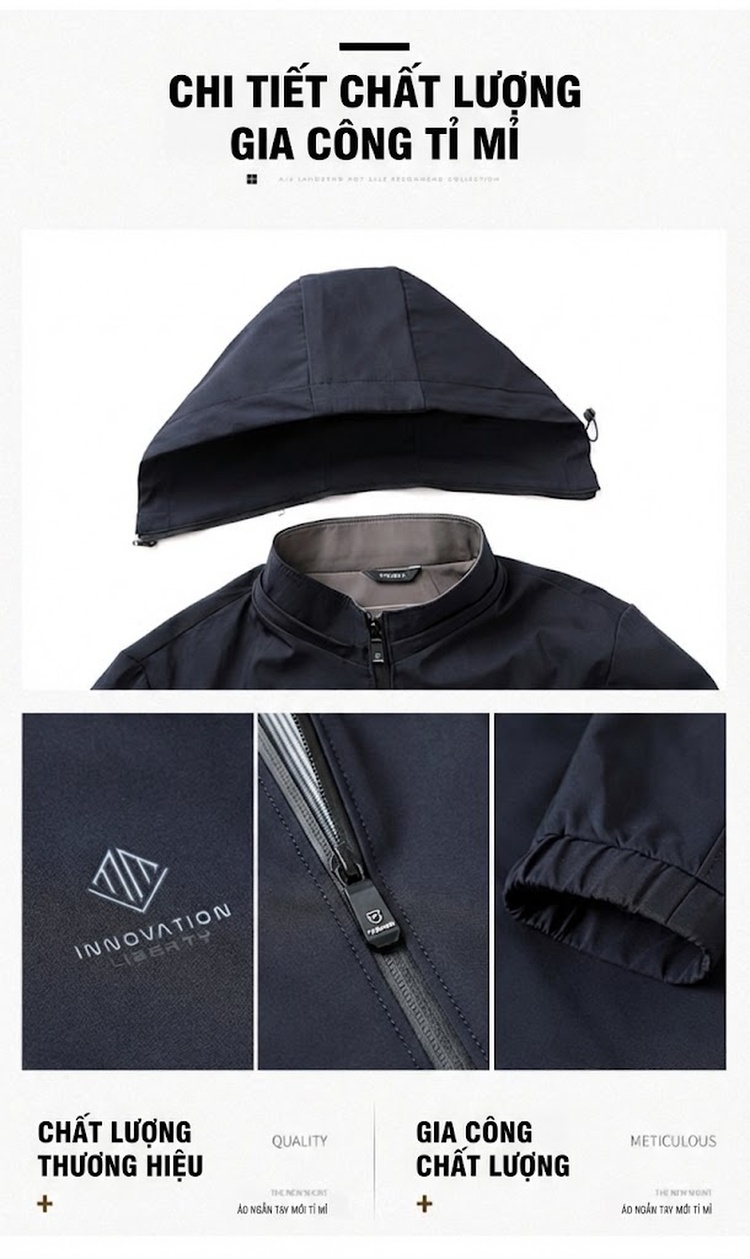 Áo Khoác Gió Nam Mỏng Có Mũ Trùm Đầu Phong Cách Casual Màu Đen, Xám, Xanh Navy chi tiết 5