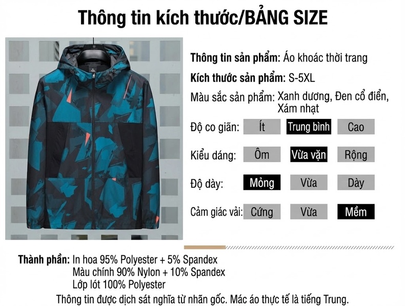Áo Khoác Gió Nam Mỏng Nhẹ Họa Tiết Phong Cách Trẻ Trung Màu Xám, Đen, Xanh... chi tiết 5