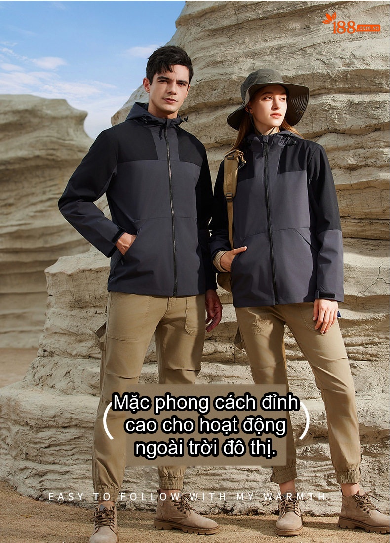 Áo khoác gió chống nước chống gió nam nữ phối màu có mũ dáng rộng chi tiết 14