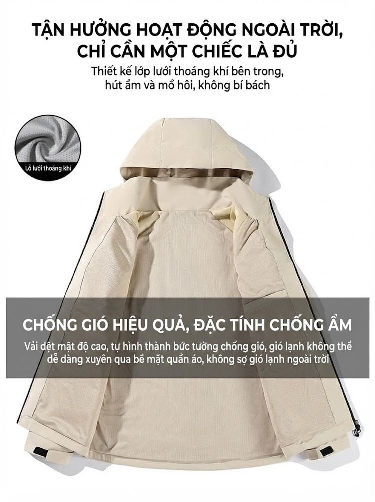 Áo khoác gió chống thấm nước có mũ trùm đầu phong cách leo núi chi tiết 3