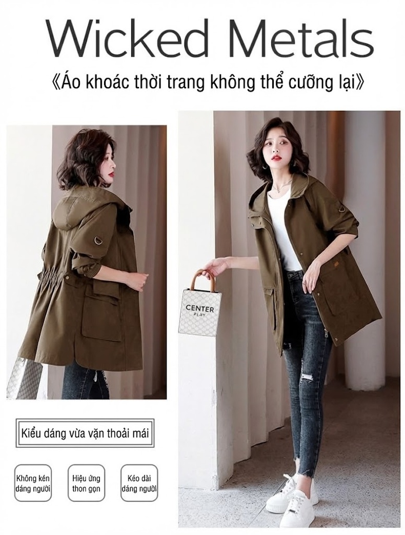 Áo Khoác Gió Nữ Dáng Dài Có Mũ Trùm Đầu Phong Cách Hàn Quốc Màu Be, Xanh Olive chi tiết 3