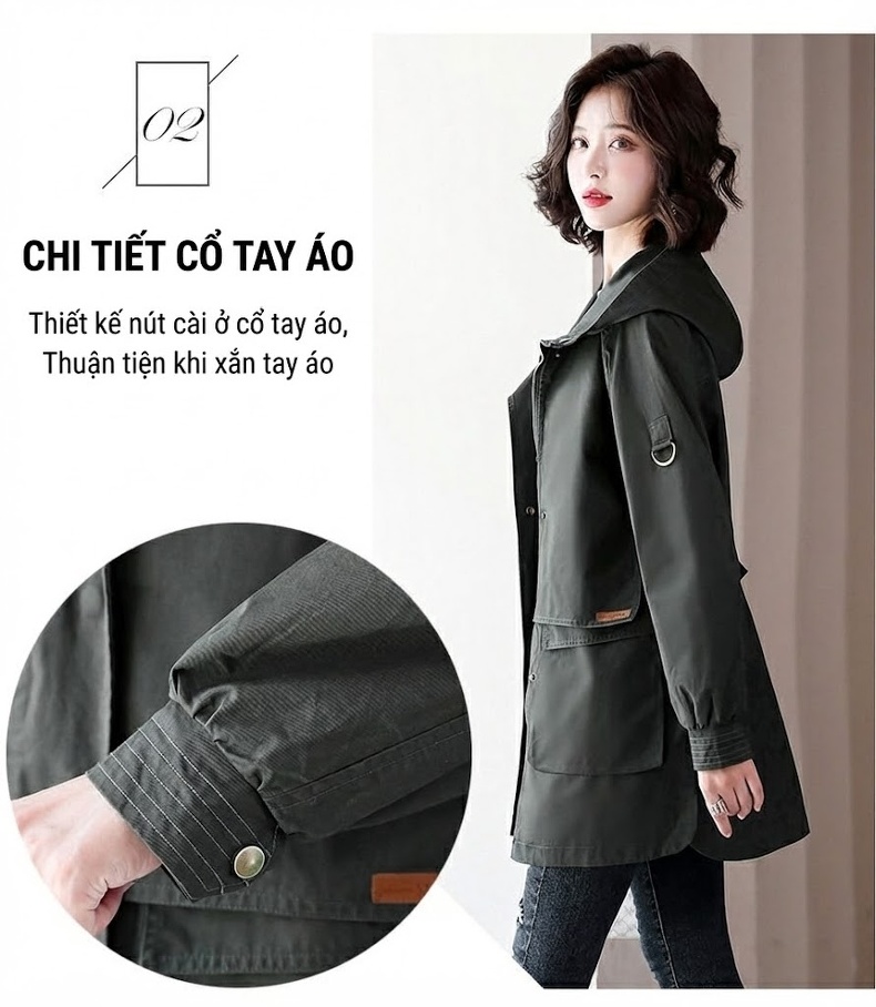Áo Khoác Gió Nữ Dáng Dài Có Mũ Trùm Đầu Phong Cách Hàn Quốc Màu Be, Xanh Olive chi tiết 5