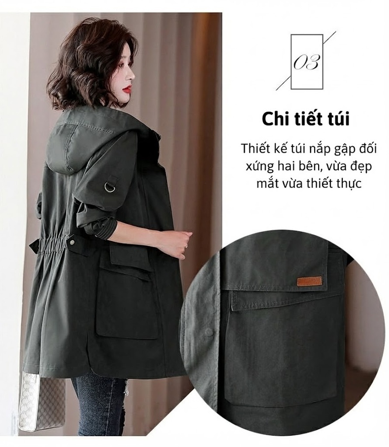 Áo Khoác Gió Nữ Dáng Dài Có Mũ Trùm Đầu Phong Cách Hàn Quốc Màu Be, Xanh Olive chi tiết 6