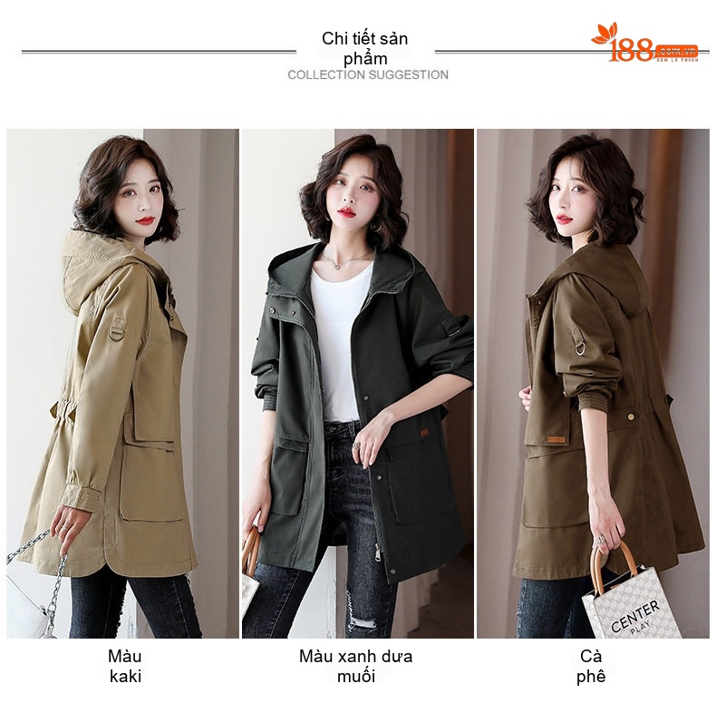 Áo Khoác Gió Nữ Dáng Dài Có Mũ Trùm Đầu Phong Cách Hàn Quốc Màu Be, Xanh Olive chi tiết 8