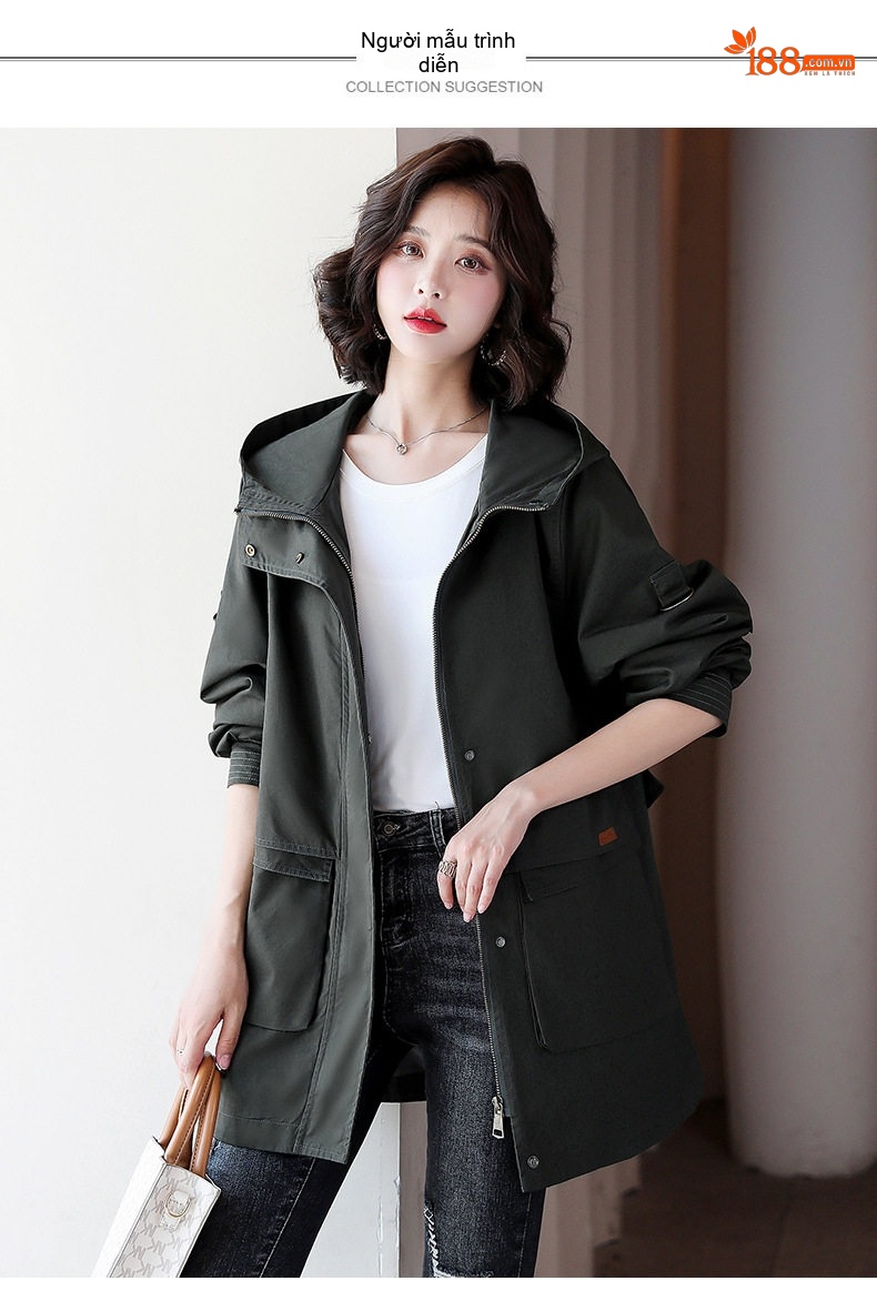 Áo Khoác Gió Nữ Dáng Dài Có Mũ Trùm Đầu Phong Cách Hàn Quốc Màu Be, Xanh Olive chi tiết 10