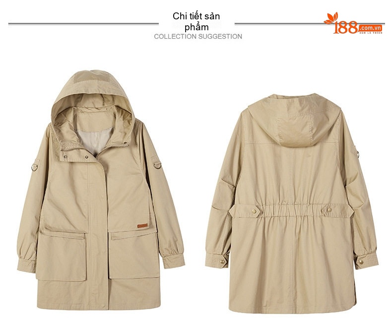 Áo Khoác Gió Nữ Dáng Dài Có Mũ Trùm Đầu Phong Cách Hàn Quốc Màu Be, Xanh Olive chi tiết 32