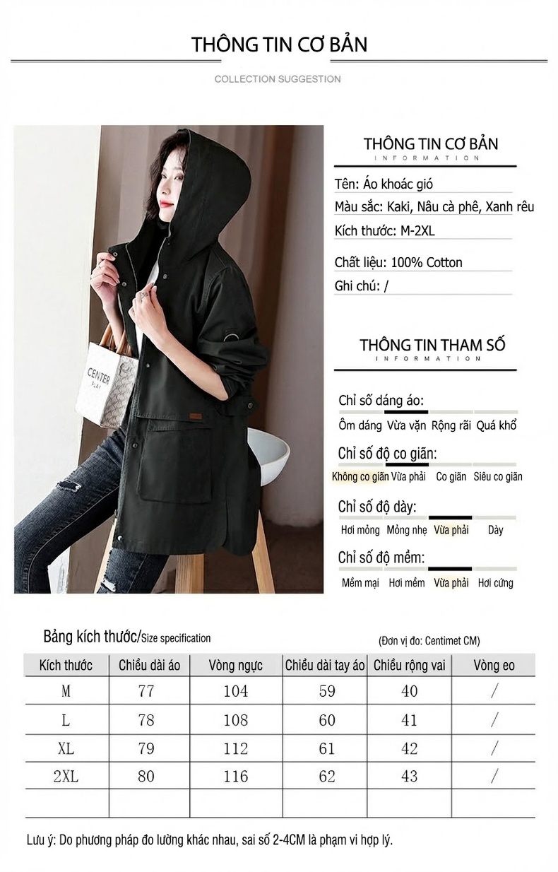 Áo Khoác Gió Nữ Dáng Dài Có Mũ Trùm Đầu Phong Cách Hàn Quốc Màu Be, Xanh Olive chi tiết 9