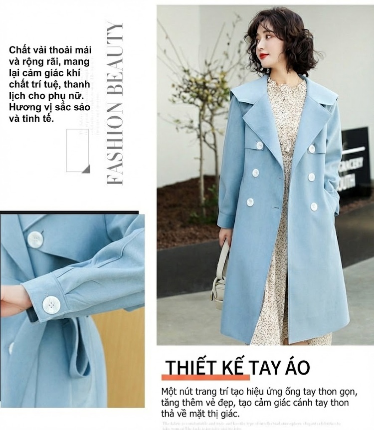 Áo Khoác Gió Nữ Dáng Dài Thắt Eo Màu Xanh, Vàng Be, Trắng chi tiết 2
