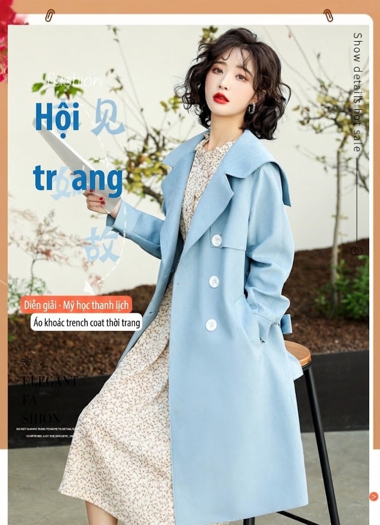Áo Khoác Gió Nữ Dáng Dài Thắt Eo Màu Xanh, Vàng Be, Trắng chi tiết 1