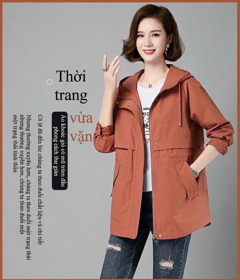 Áo Khoác Gió Nữ Dáng Dài Vừa Phong Cách Hàn Quốc Dáng Rộng Có Mũ Màu Vàng, Nâu, Be, Trắng chi tiết 1