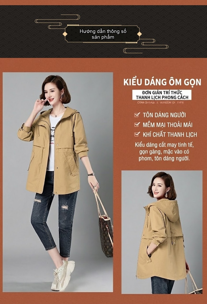 Áo Khoác Gió Nữ Dáng Dài Vừa Phong Cách Hàn Quốc Dáng Rộng Có Mũ Màu Vàng, Nâu, Be, Trắng chi tiết 7