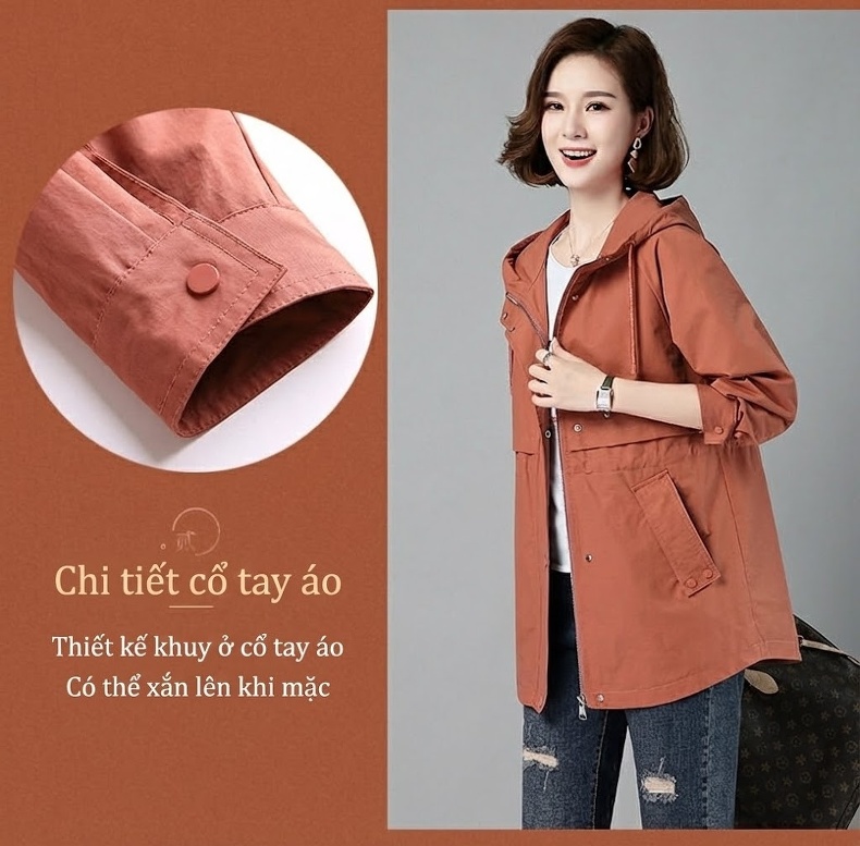 Áo Khoác Gió Nữ Dáng Dài Vừa Phong Cách Hàn Quốc Dáng Rộng Có Mũ Màu Vàng, Nâu, Be, Trắng chi tiết 5