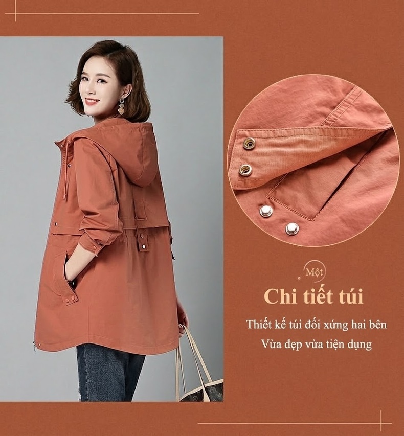 Áo Khoác Gió Nữ Dáng Dài Vừa Phong Cách Hàn Quốc Dáng Rộng Có Mũ Màu Vàng, Nâu, Be, Trắng chi tiết 6