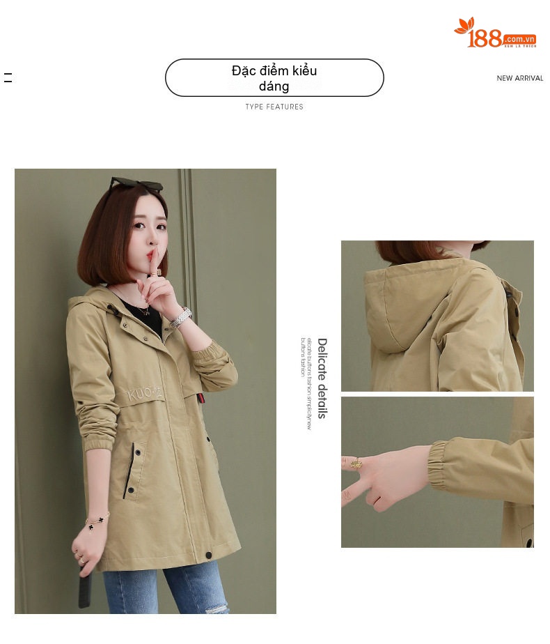 Áo Khoác Gió Nữ Dáng Dài Vừa Phong Cách Hàn Quốc Màu Be, Xám, Xanh Olive, Đỏ chi tiết 3
