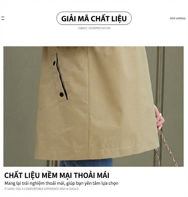 Áo Khoác Gió Nữ Dáng Dài Vừa Phong Cách Hàn Quốc Màu Be, Xám, Xanh Olive, Đỏ chi tiết 4