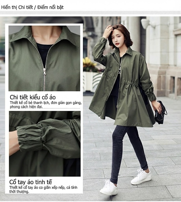 Áo Khoác Gió Nữ Dáng Dài Vừa Phong Cách Hàn Quốc Màu Xanh Quân Đội chi tiết 2