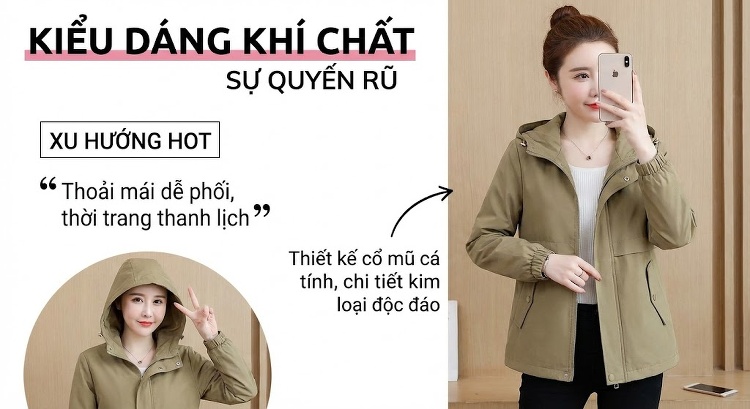 Áo Khoác Gió Nữ Dáng Dài Vừa Phong Cách Hàn Quốc Trẻ Trung Có Mũ Trùm Màu Đen, Xanh Lá, Be, Đỏ... chi tiết 2