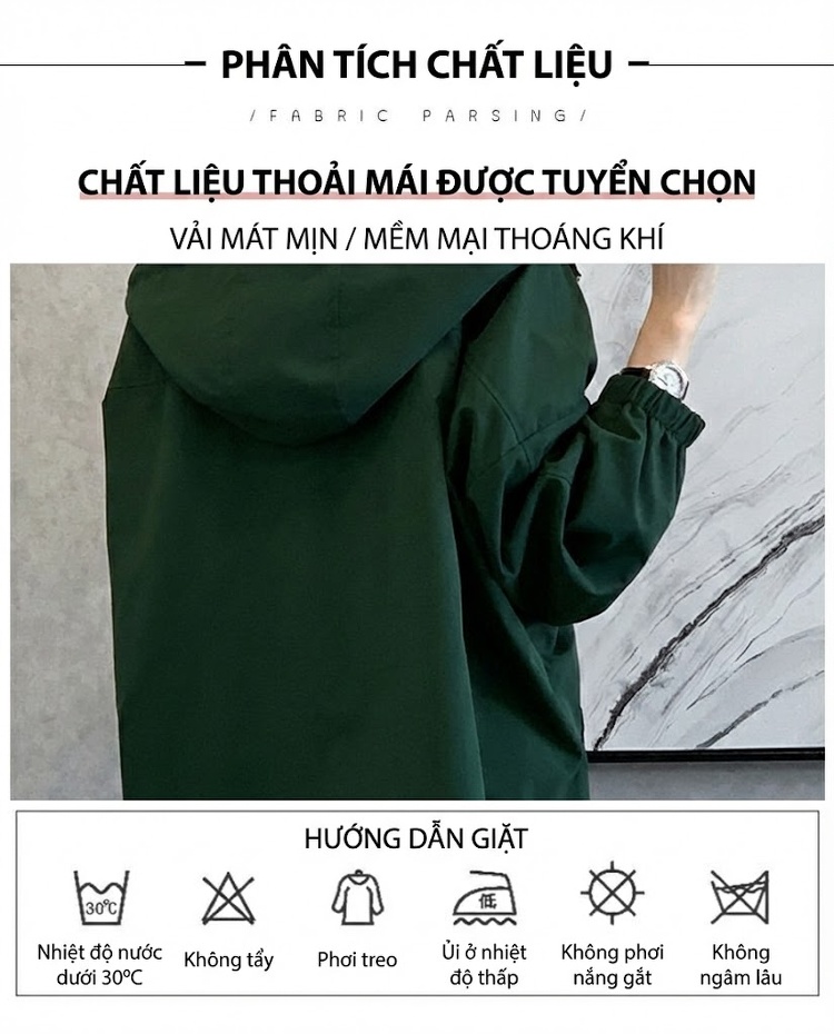 Áo Khoác Gió Nữ Dáng Dài Vừa Phong Cách Hàn Quốc Trẻ Trung Có Mũ Trùm Màu Đen, Xanh Lá, Be, Đỏ... chi tiết 8