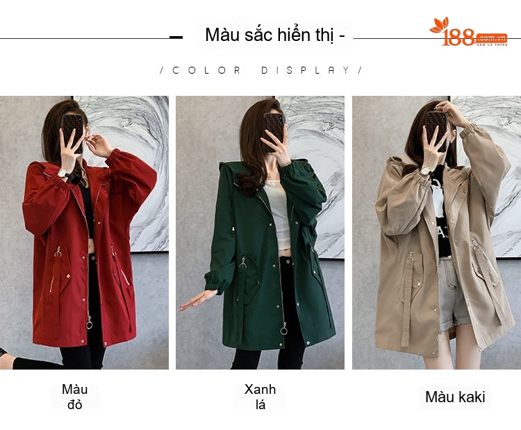 Áo Khoác Gió Nữ Dáng Dài Vừa Phong Cách Hàn Quốc Trẻ Trung Có Mũ Trùm Màu Đen, Xanh Lá, Be, Đỏ... chi tiết 10