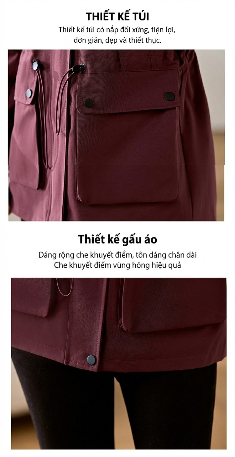 Áo Khoác Gió Nữ Dáng Dài Vừa Phong Cách Thu Đông Màu Đỏ Rượu, Kem, Đen chi tiết 8