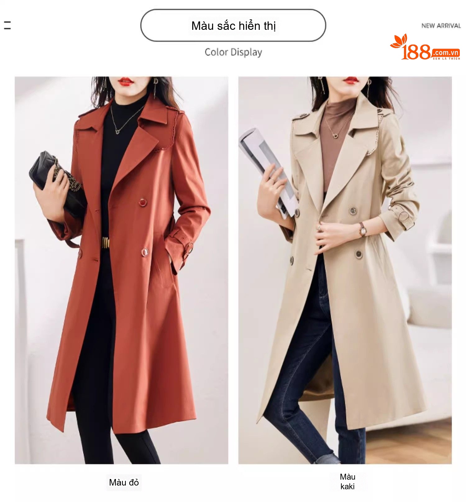 Áo Khoác Gió Nữ Dáng Dài Vừa Thiết Kế Phong Cách Màu Đỏ Cam, Kem chi tiết 7
