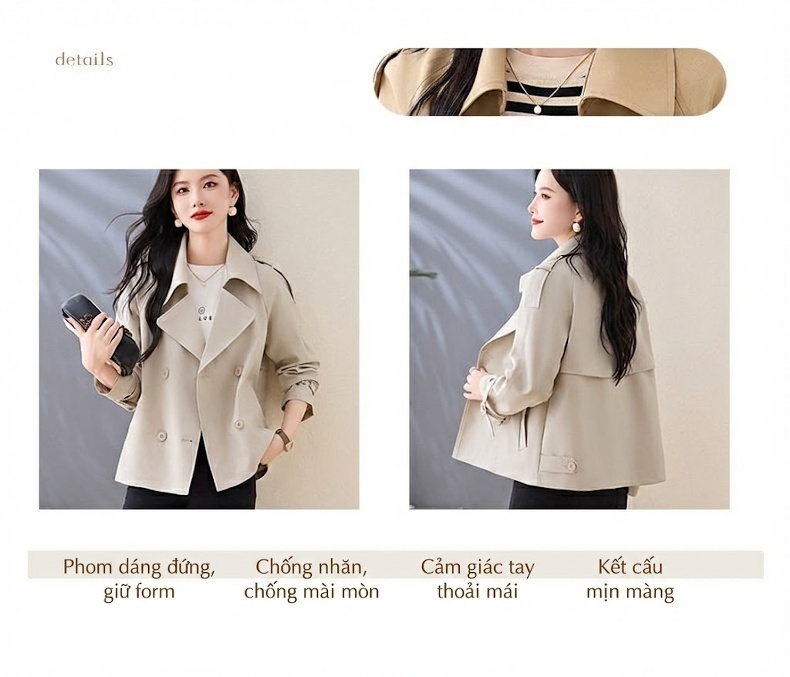 Áo Khoác Gió Nữ Dáng Ngắn Cổ chữ Vest Hai Hàng Khuy Phong Cách Thời Trang Màu Be, Trắng Kem chi tiết 2