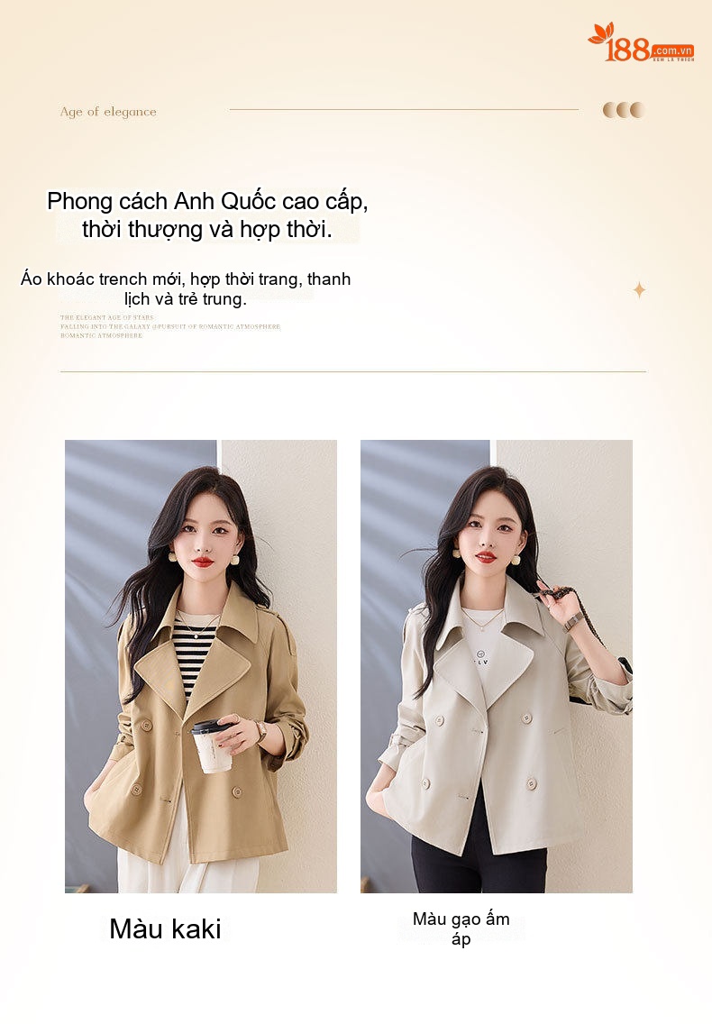 Áo Khoác Gió Nữ Dáng Ngắn Cổ chữ Vest Hai Hàng Khuy Phong Cách Thời Trang Màu Be, Trắng Kem chi tiết 5