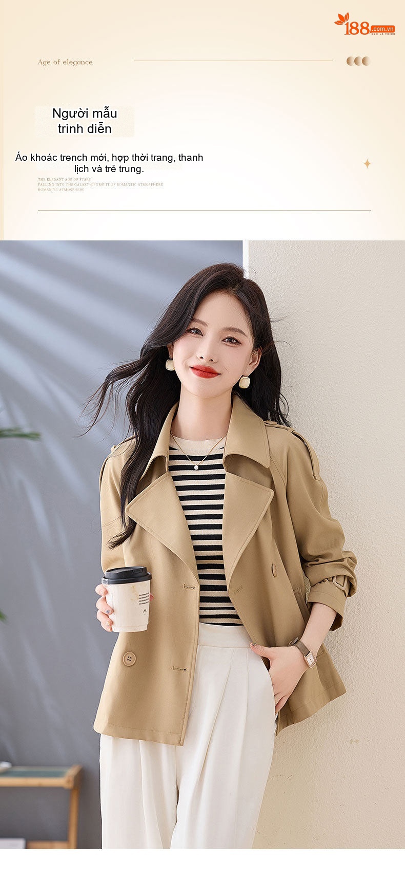 Áo Khoác Gió Nữ Dáng Ngắn Cổ chữ Vest Hai Hàng Khuy Phong Cách Thời Trang Màu Be, Trắng Kem chi tiết 9