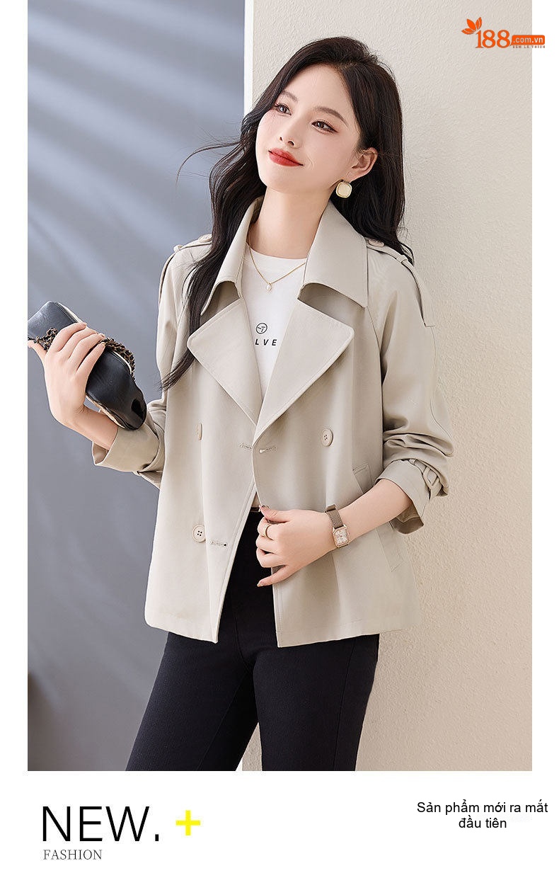 Áo Khoác Gió Nữ Dáng Ngắn Cổ chữ Vest Hai Hàng Khuy Phong Cách Thời Trang Màu Be, Trắng Kem chi tiết 15