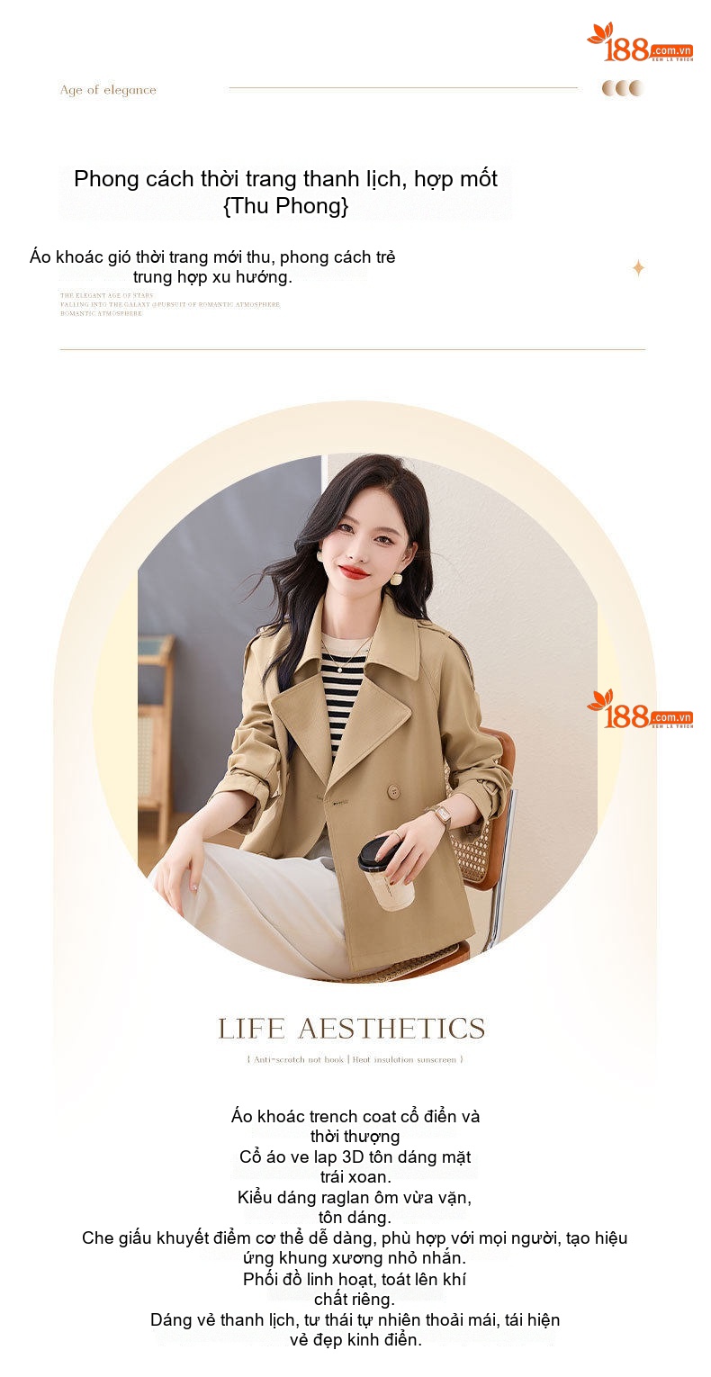 Áo Khoác Gió Nữ Dáng Ngắn Cổ chữ Vest Hai Hàng Khuy Phong Cách Thời Trang Màu Be, Trắng Kem chi tiết 1