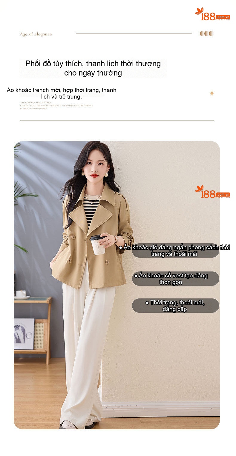 Áo Khoác Gió Nữ Dáng Ngắn Cổ chữ Vest Hai Hàng Khuy Phong Cách Thời Trang Màu Be, Trắng Kem chi tiết 6