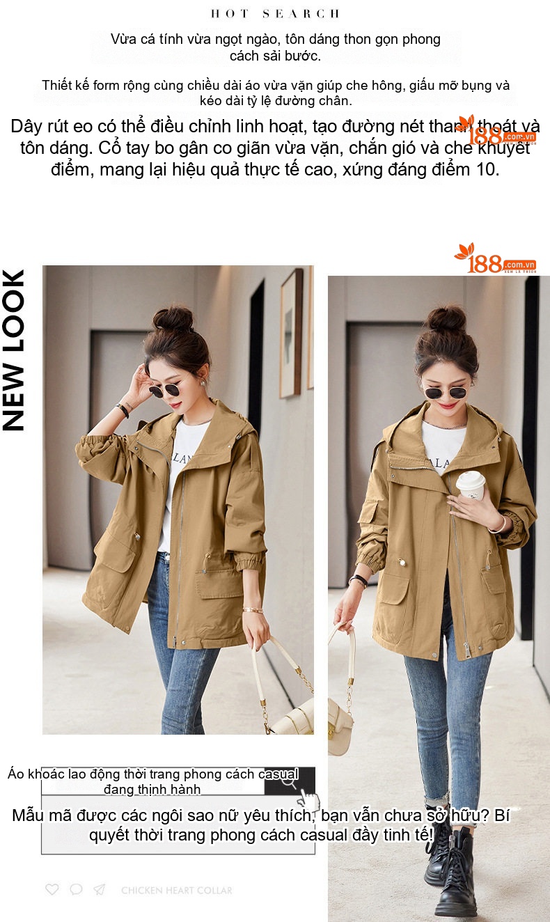 Áo Khoác Gió Nữ Dáng Ngắn Có Mũ Trùm Đầu, Chiết Eo, Phong Cách Thời Trang Màu Xanh Rêu, Nâu, Hồng chi tiết 2