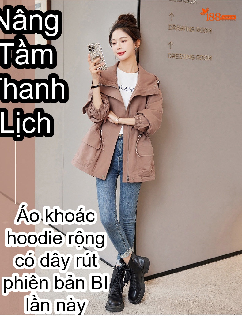 Áo Khoác Gió Nữ Dáng Ngắn Có Mũ Trùm Đầu, Chiết Eo, Phong Cách Thời Trang Màu Xanh Rêu, Nâu, Hồng chi tiết 1