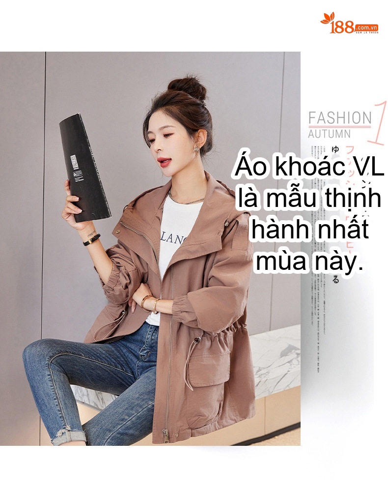 Áo Khoác Gió Nữ Dáng Ngắn Có Mũ Trùm Đầu, Chiết Eo, Phong Cách Thời Trang Màu Xanh Rêu, Nâu, Hồng chi tiết 4