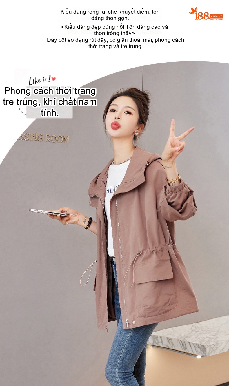 Áo Khoác Gió Nữ Dáng Ngắn Có Mũ Trùm Đầu, Chiết Eo, Phong Cách Thời Trang Màu Xanh Rêu, Nâu, Hồng chi tiết 5