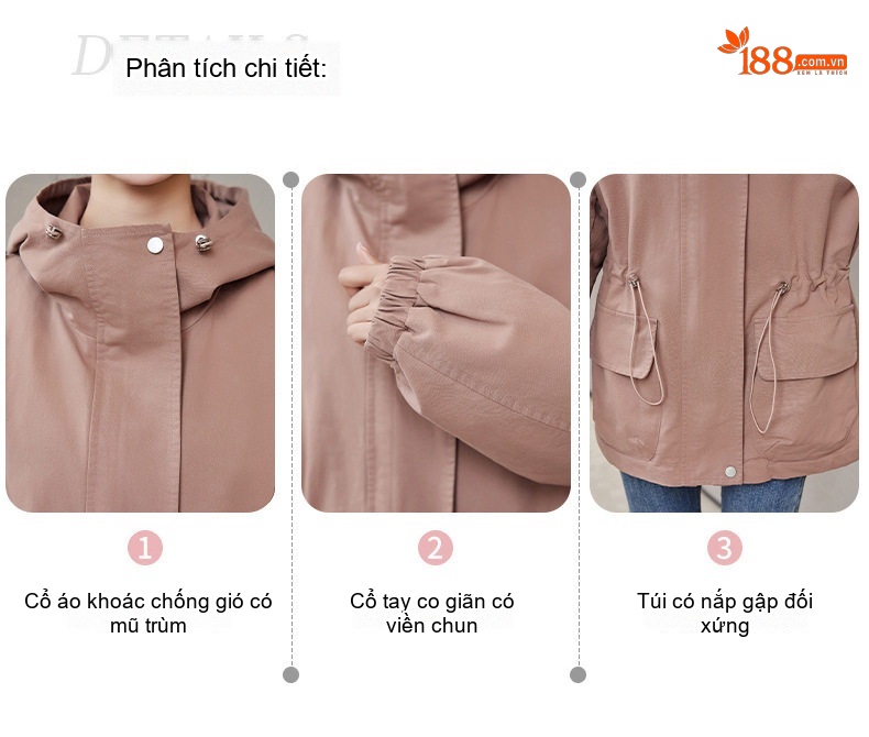 Áo Khoác Gió Nữ Dáng Ngắn Có Mũ Trùm Đầu, Chiết Eo, Phong Cách Thời Trang Màu Xanh Rêu, Nâu, Hồng chi tiết 7
