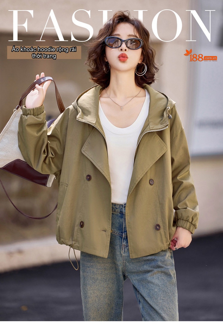 Áo Khoác Gió Nữ Ngắn Tay Lỡ Dáng Nhỏ Có Mũ Trùm Đầu Màu Be, Nâu chi tiết 1