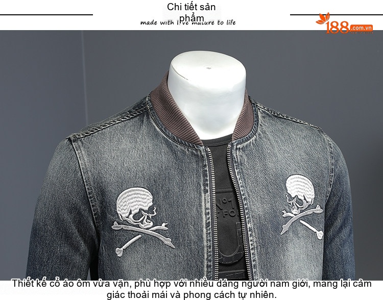 Áo Khoác Jean Nam Cổ Bóng Chày Thêu Đầu Lâu Slim Fit Màu Xanh Jean chi tiết 10